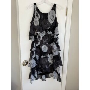 SL Fashions Womens Black Gray Rose Floral Tiered Ruffle Dress 118103 Size 12
